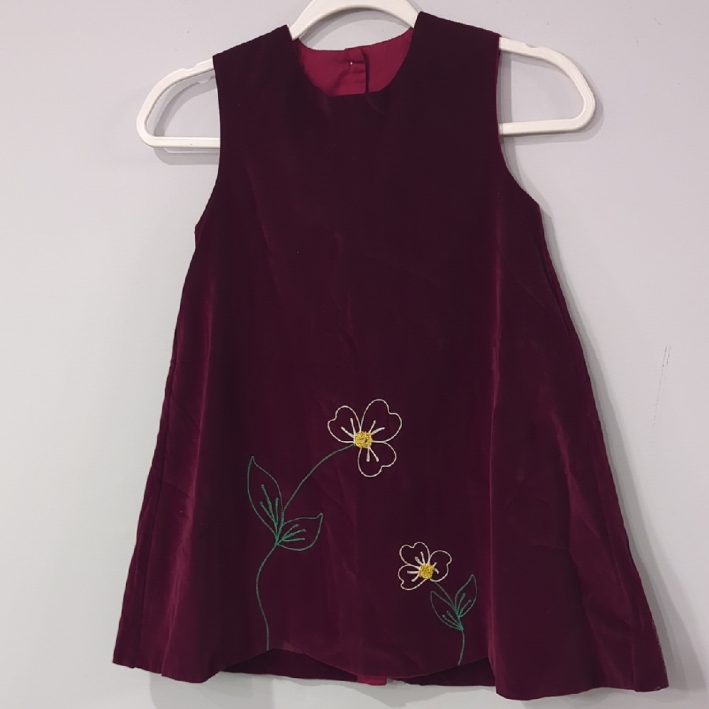 Vintage‎ Girls Velvet Maroon Dress Burgundy Flowers